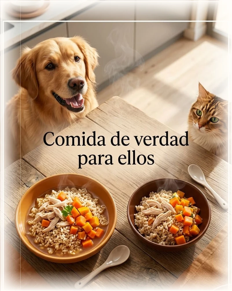 Un perro y un gato esperando frente a dos platos de comida casera recién preparada