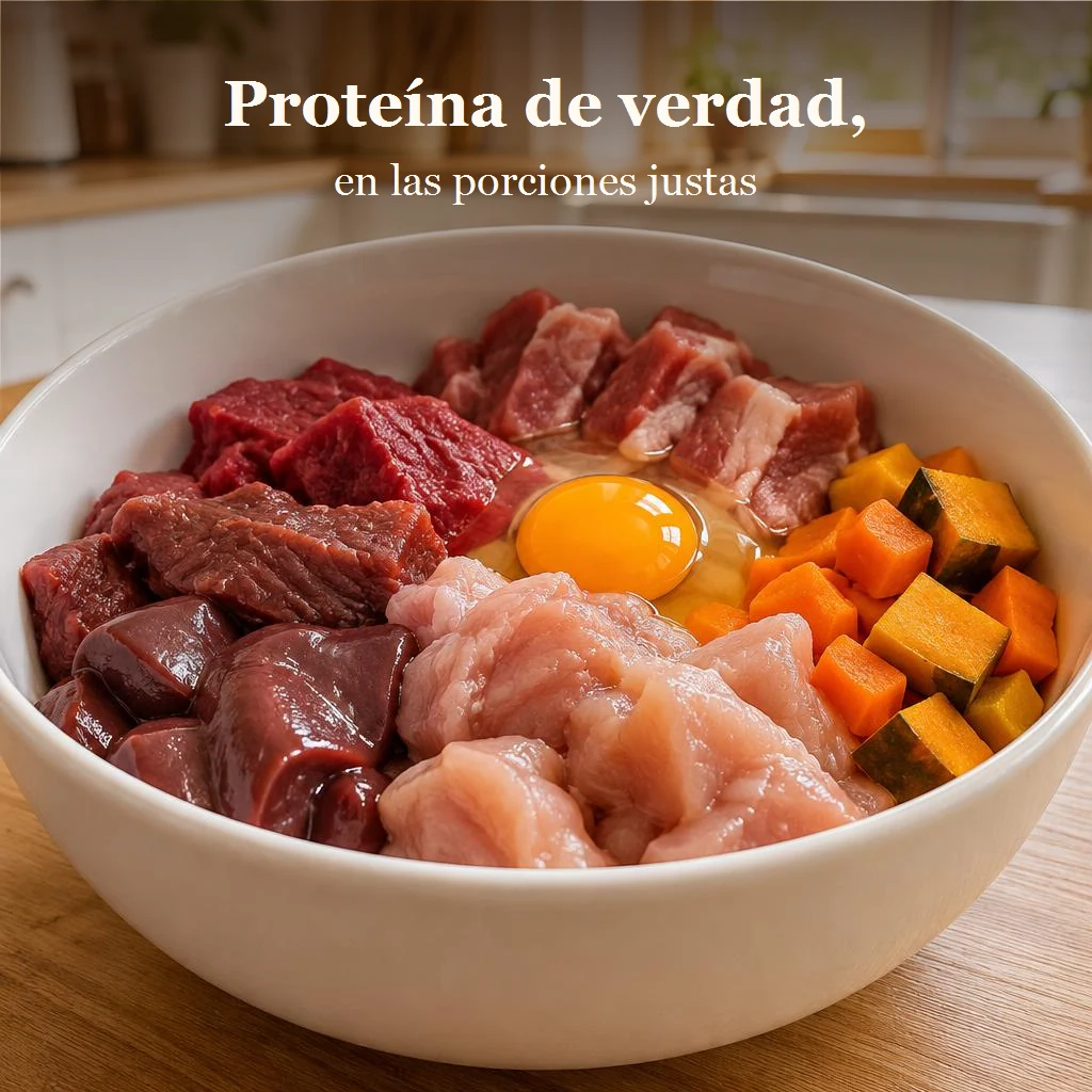Plato de comida natural para perro con carne, hígado, pollo, huevo y verduras sobre una mesa de cocina