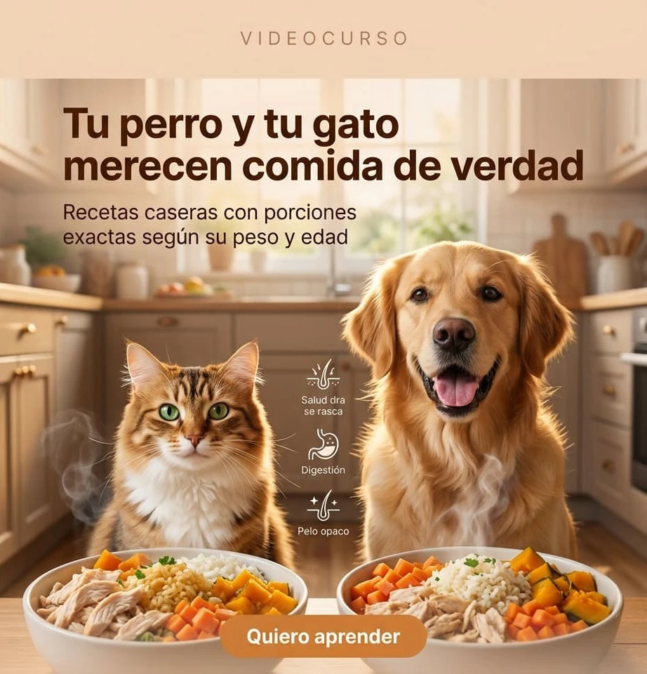 Un gato y un perro en la cocina frente a dos platos de comida casera recién preparada