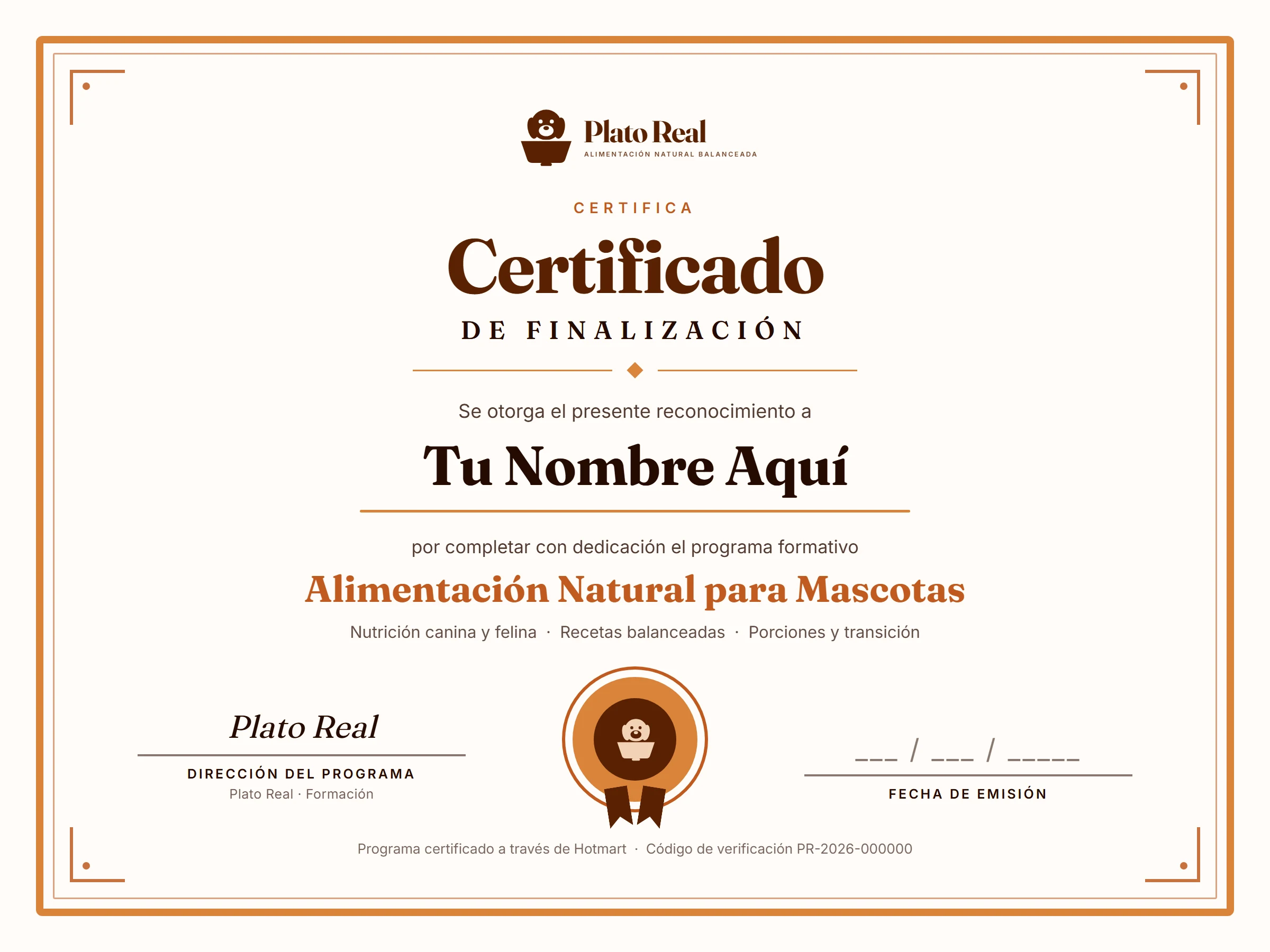 Certificado de finalización de Plato Real — Alimentación Natural para Mascotas